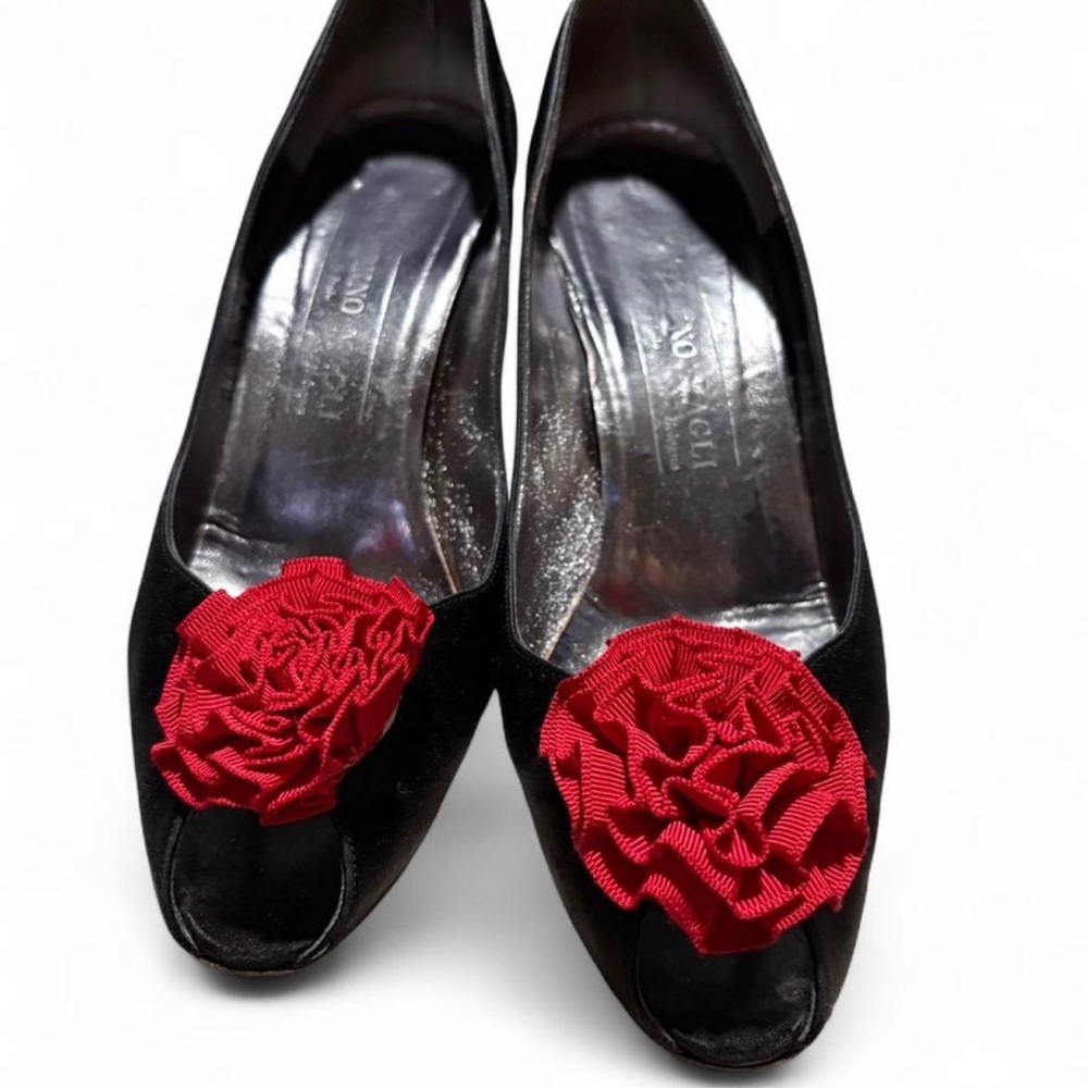 Bruno Magli Black Flats with Red Rosette Detail